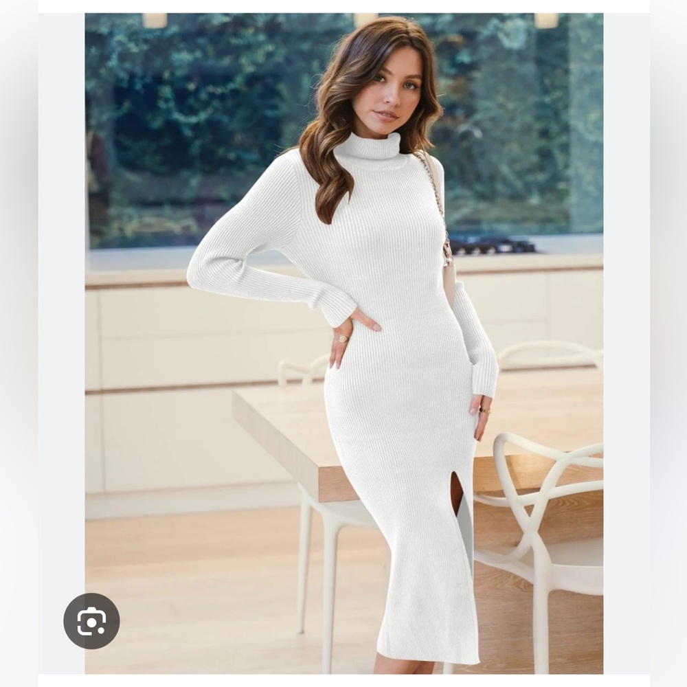 Anrabess slim fit, white, ribbed, turtle neck, midi sweater dress. Size Large